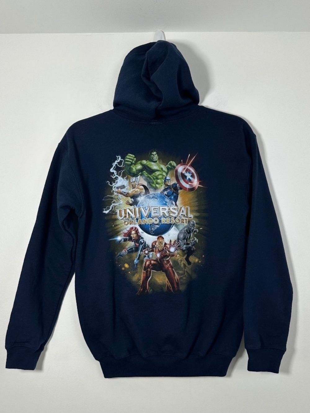 Universal Orlando Resort Marvel Avengers Graphic Navy Blue Hoodie Youth Sz Large